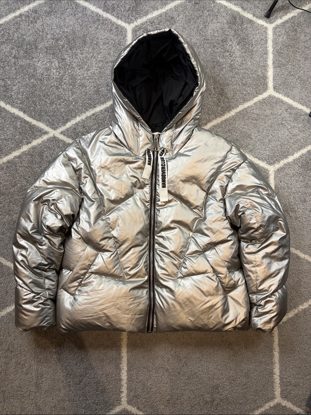 KHRISJOY Silver Metallic Hooded Down Puffer Jacket Designer